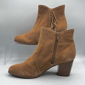 Bass Ankle Bootie Women’s Size 7.5 Tan Eve Suede Fringed Heeled Zip Boho Western